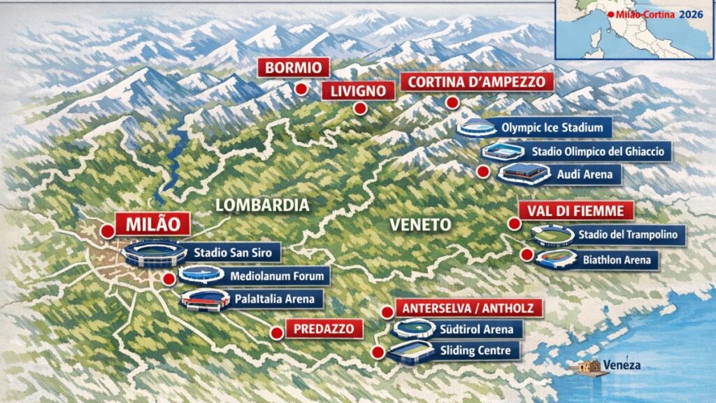 "mapa cidades sede jogos olimpicos inverno 2026 milao cortina"