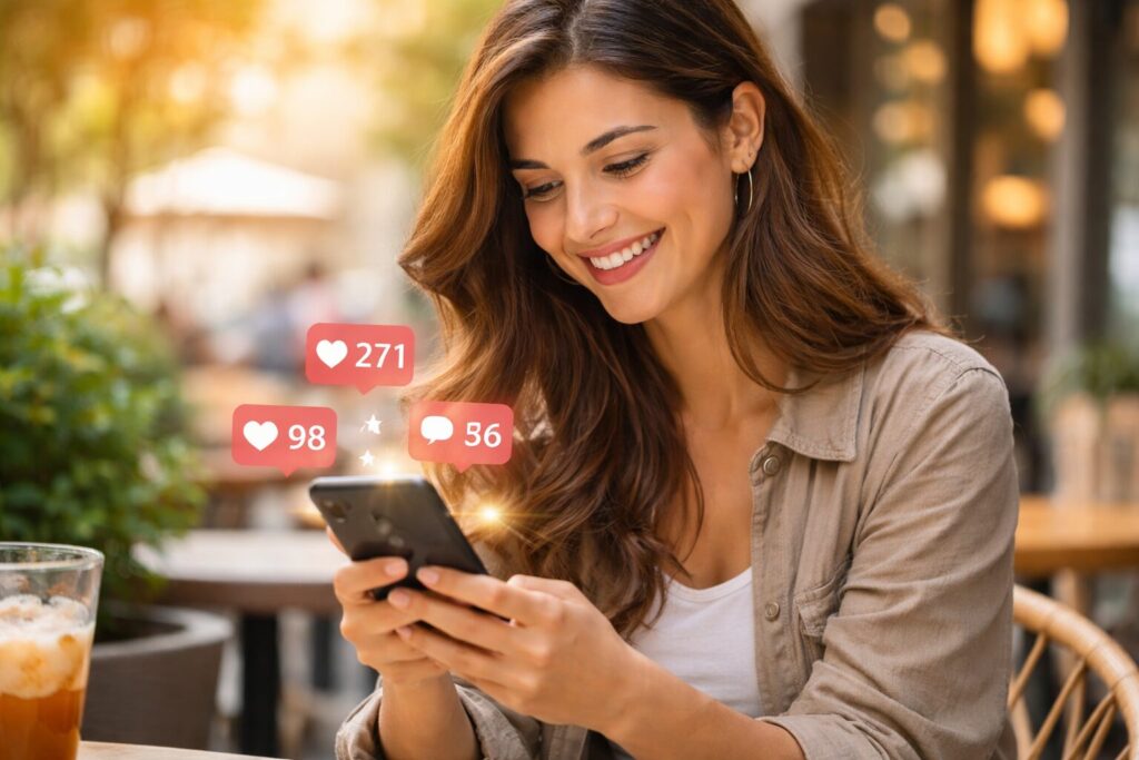 mulher postando frase inspiradora redes sociais