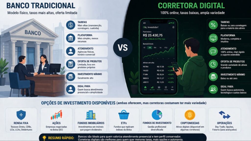 diferença banco e corretora investimentos iniciantes