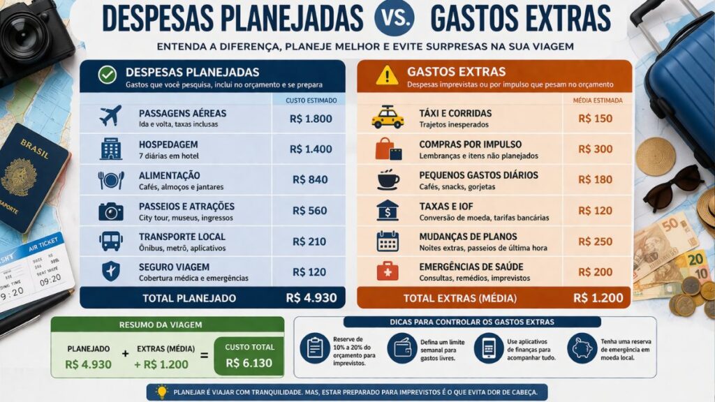 Como evitar dividas após viagem 2026 2 comparacao gastos previstos extras viagem