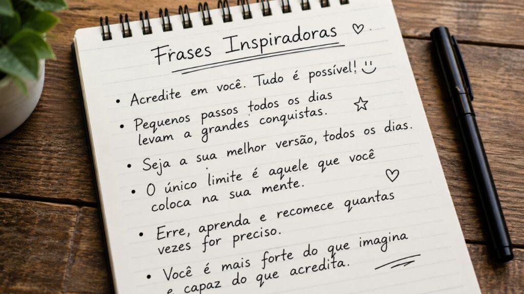 Pensamentos Frases: 150 Reflexões para Inspirar, Motivar e Transformar Sua Vida 2 frases motivacionais anotadas em caderno"