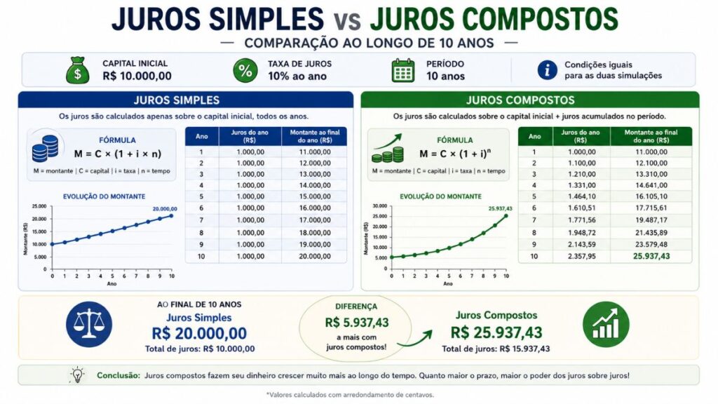 Juros ao Longo dos Anos: Como Eles Impactam Seu Dinheiro 2026 2 comparacao juros simples compostos crescimento