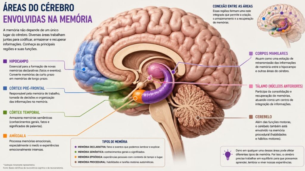 Ilustração anatômica do cérebro destacando áreas relacionadas à memória 