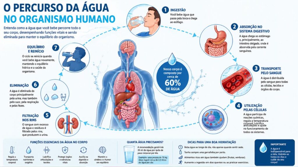 Por que bebemos água? Entenda a Importância Vital da Hidratação 2026 2 trajeto da água no corpo humano e absorção