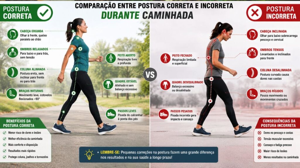 postura correta caminhada evitar lesoes"