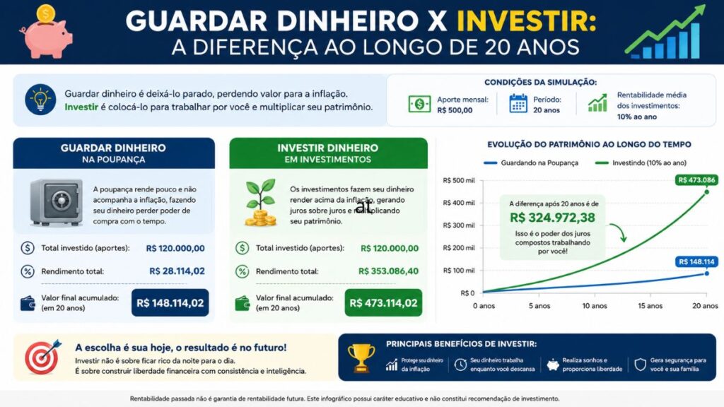 comparação poupar versus investir crescimento patrimonial